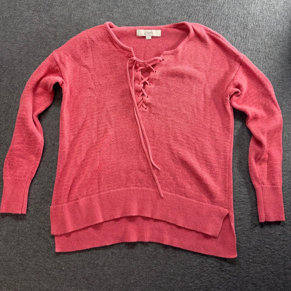 LOFT Ann Taylor Coral Pink Lace Up V-Neck Knit Sweater Small High Low Hem